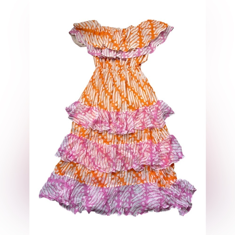 RHODE Ash Off The Shoulder Batik Orange Pink  Dress Tiered Maxi Ruffle S - Picture 2 of 4